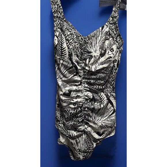 Rose Marie Reid Vintage 60s black Leaf Print one piece Swimsuit size 16 - Picture 1 of 6